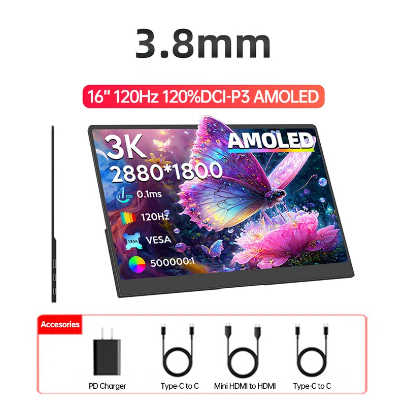 

16-дюймовый портативный монитор 3K 2880x1800 OLED-экран 120 Гц 120% DCI-P3 ЖК-мониторы Игровой дисплей для коммутационных компьютерных мобильных телефонов