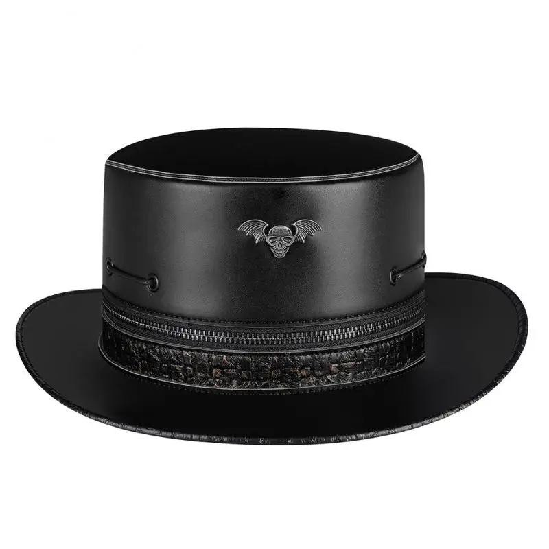 Unisex Magician Pu Wide Brimmed Flat Top Hat Medieval Retro Knight Skeleton Embroidery Pattern Cap Steampunk Props Halloween Cos