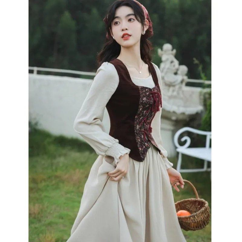 Abito da prato in cotone stile francese donna medievale Cottagecore Prairie Chic Mori Girl Dresses Vintage Retro West and Dress 2 pezzi Set