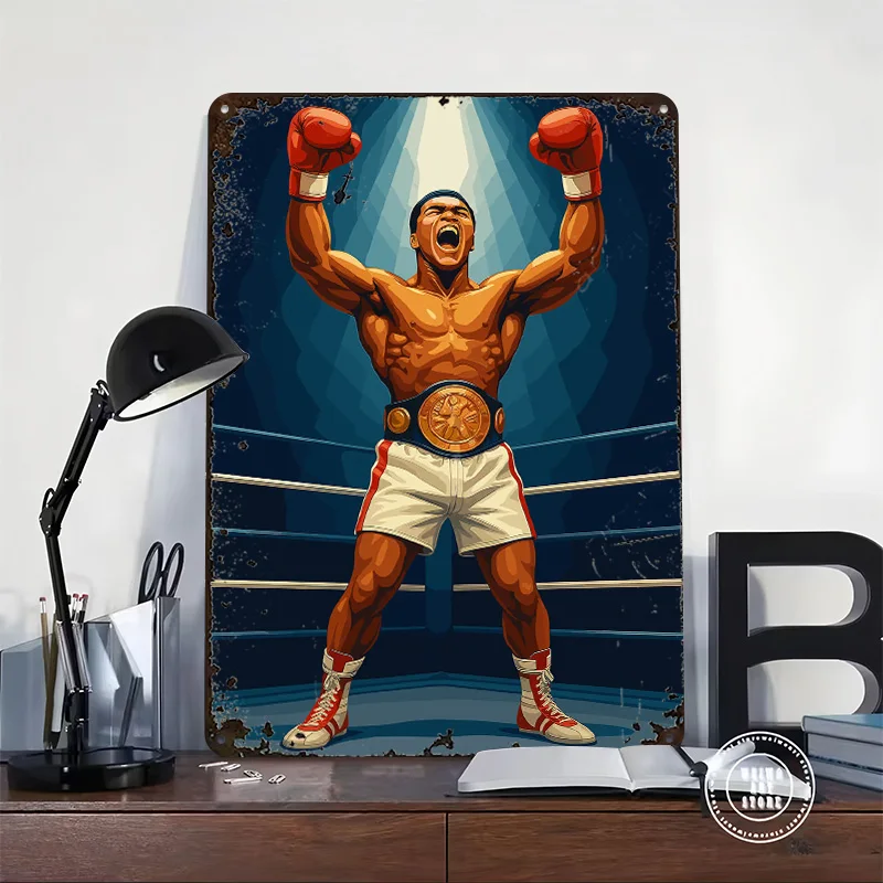 Victorious Boxer Champion Illustration Printed Poster Customized Wall Art Retro Vintage Metal Tin Signs for Room Bar Accessories