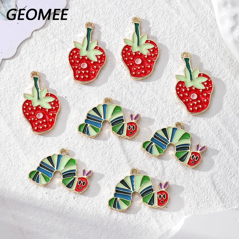 10pcs Cute Strawberry Caterpillar Alloy Enamel Charms Funny Fruit Bug Pendant For Earring DIY Jewelry Make