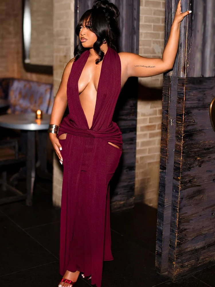 Nibber Dos Nu Robes Longues Femme Sexy Mode Halter Profond V-Cou Froncé Kink Haute Divisages Conception Minuit Club Parti Vestidos