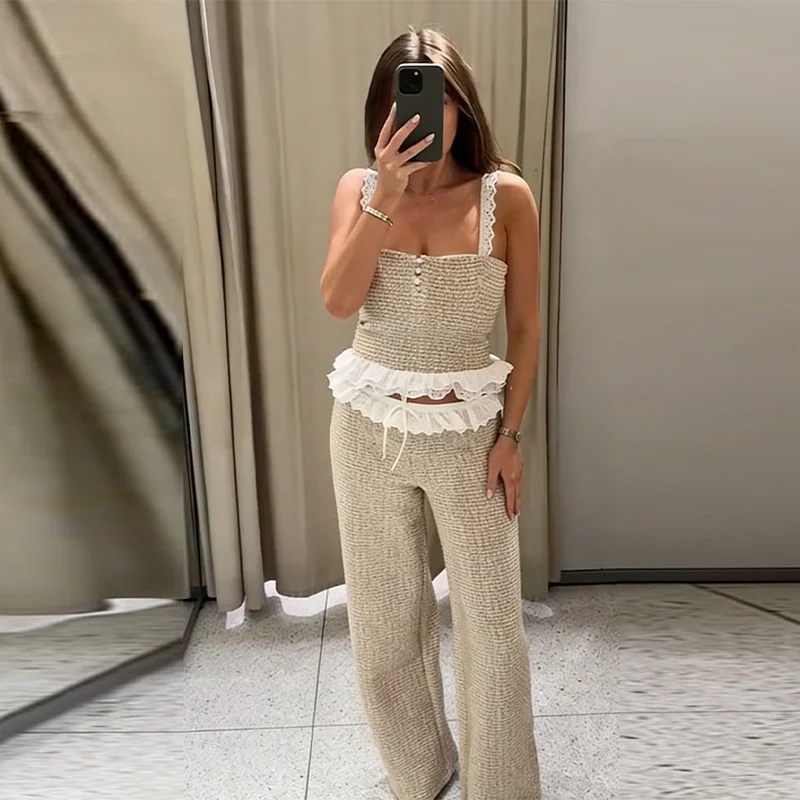 

Women Elegant Ruffle Hem Straight Pants Cami Set Splice Square Neck Striped Blouse Wide Leg Pants Suit Casual Vacation Outfit