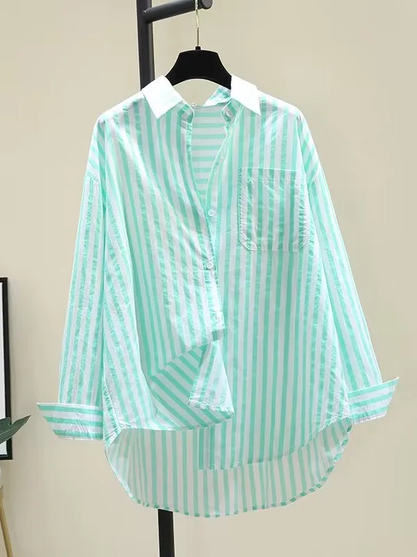 

Women's Casual Striped Shirt Green Vertical Fashionable 2026 New Style Loose Fit Long Sleeve Sun Protection Style