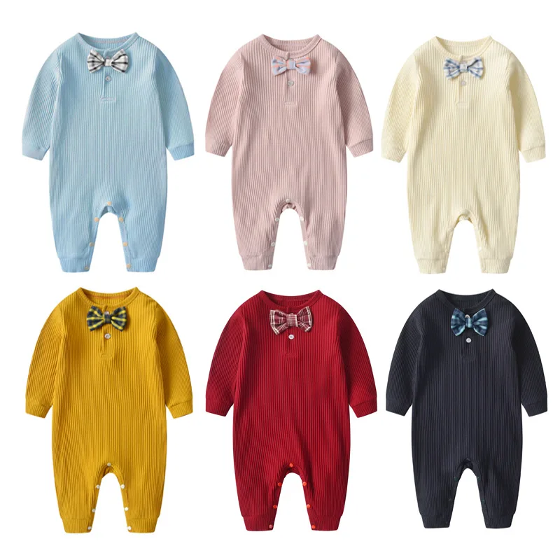 

UNIFEMEN Spring Baby Boys Jumpsuit Solid Ribbed Bow Tie Collar Cotton Infant Boys Rompers Long Sleeve Newborn Boys Bodysuit