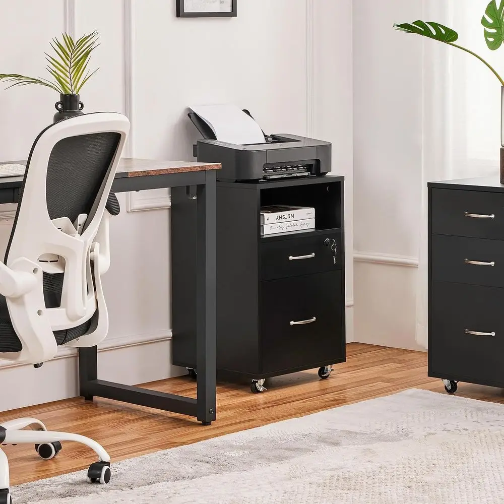 2-Drawer Cabinet with Lock, Under Desk Storage, Black | Lockable drawer holds hanging files; a small drawer and open shelf under