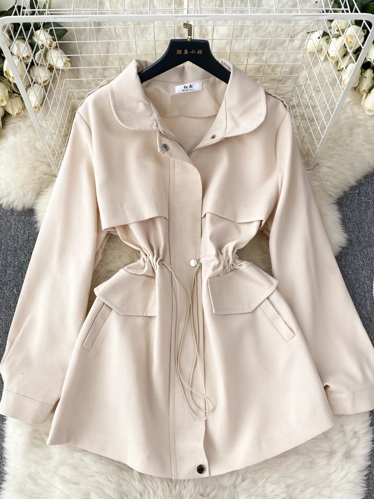 New Women Casual Coat Autumn Winter Drawstring Slim A-line Short Trench Coat Ladies Korean Chic Jacket