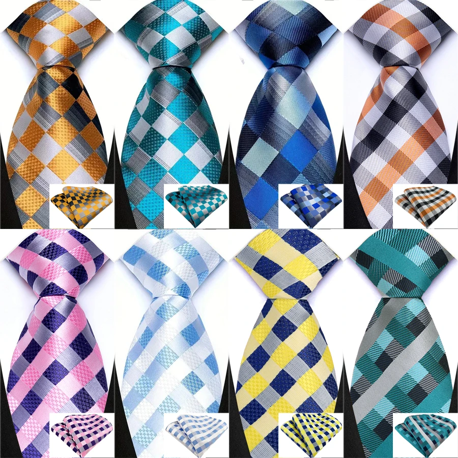 Men's Tie Pocket Square Set Jacquard Plaid & Checks Hanky Necktie Set for Male Wedding Business Party Daily Wear Accessories