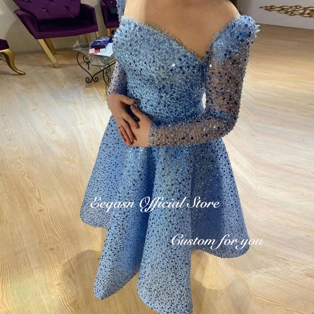 Glitter Midi Evening Dresses Arabic Women Long Sleeves Tea Length Dubai Arabic Wedding Prom Gowns Formal Occasion Customized