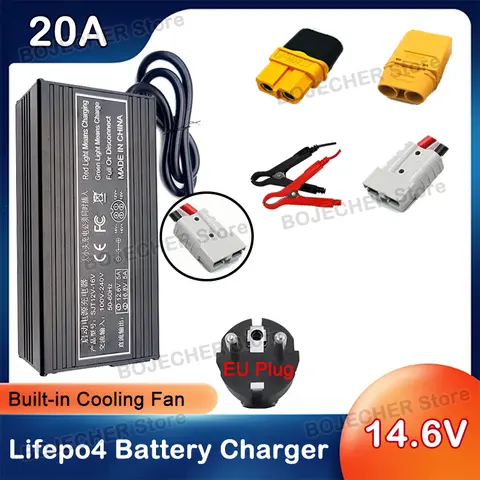 20A 14.6V Lifepo4 배터리 충전기 리튬 철 인산염 배터리 팩용 고전력 충전기 110V-240V 12V 스마트 충전기 EU 플러그
