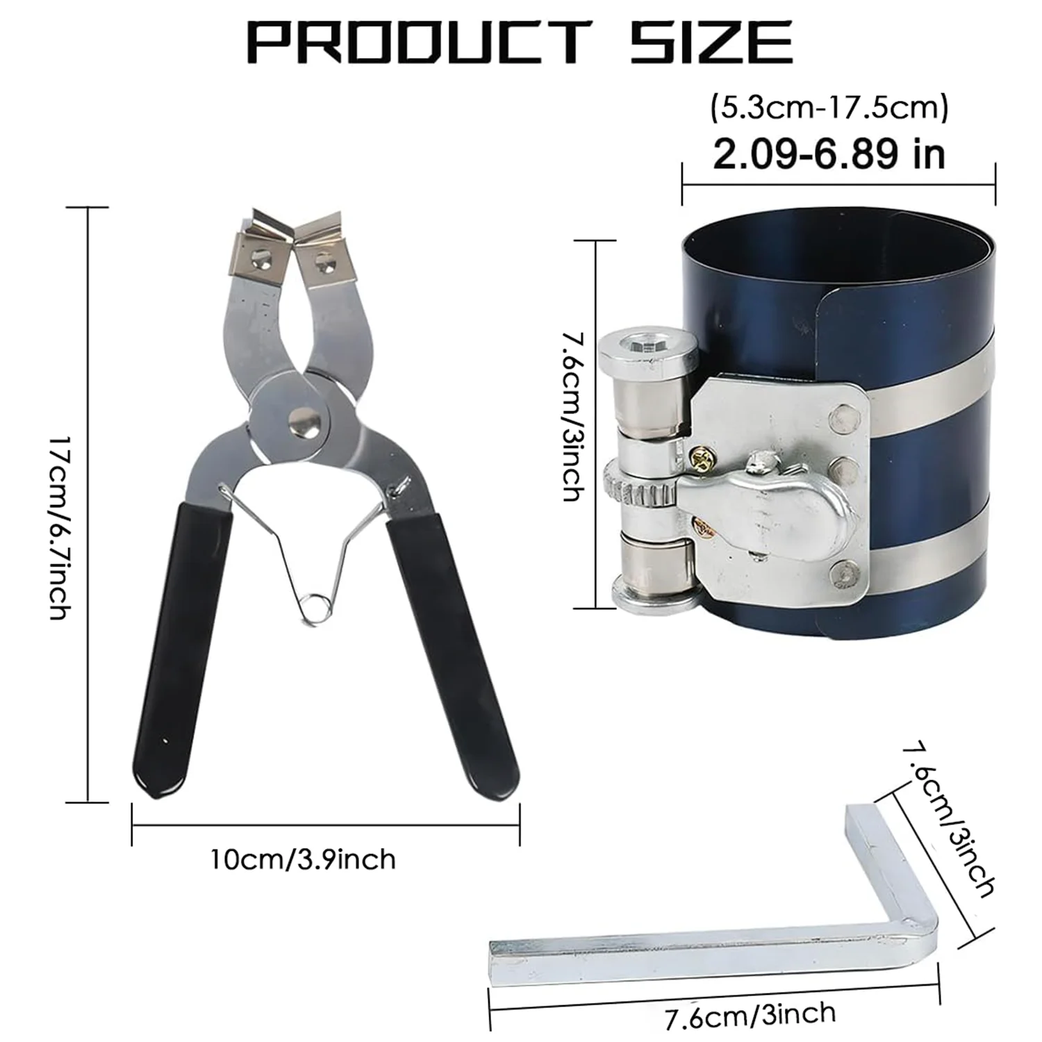 Piston Ring Compressor Tool, Adjustable Range (53mm - 175mm) with Piston Rings Pliers, Car Engine Piston Ring Installer Removal