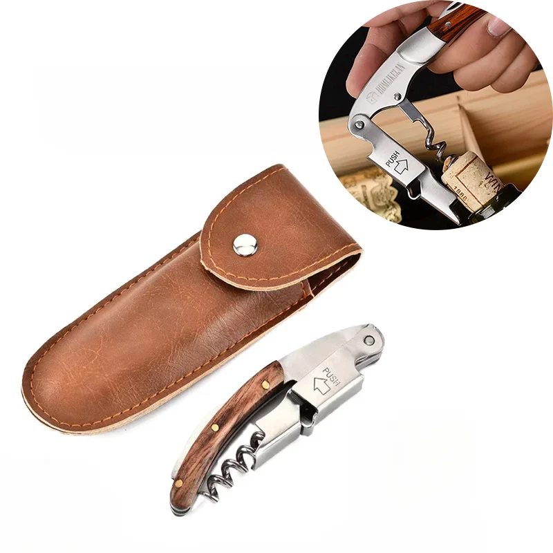 Wine Opener Stainless Steel Multi-function Bottle Opener Foil Cutter Leather Case Cork Remover Air Pressure Bottle Opener Tool