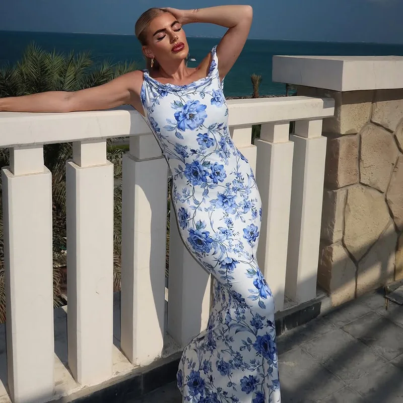 Women Floral Print One Shoulder Twist Bodycon Long Dress Summer Dresses Spring Evening Gown Matching Set