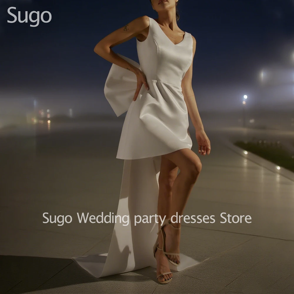

Customized Short Simple Ivory Wedding Dresses Satin V-Neck Big Bow Brides Dress Vintage Women Vestidos De Novias Gowns 2025