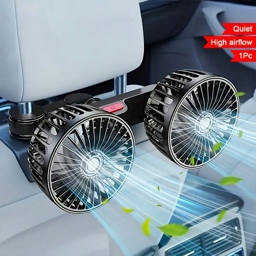 

360° rotatable dual-head backseat car fan with three adjustable wind speeds. USB powered design delivers strong cooling airflow, stable and quiet operation. Widely compatible with cars and trucks, brings pleasant cool wind for rear passengers all the time