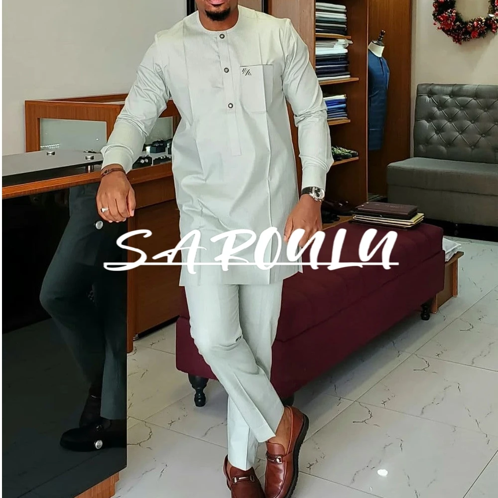 

Two Pieces Long Sleeves Men's Shirt On Sale Arabic Daily Solid Color Party Wear Round Collar Dubai Moroccan Classic Clothing