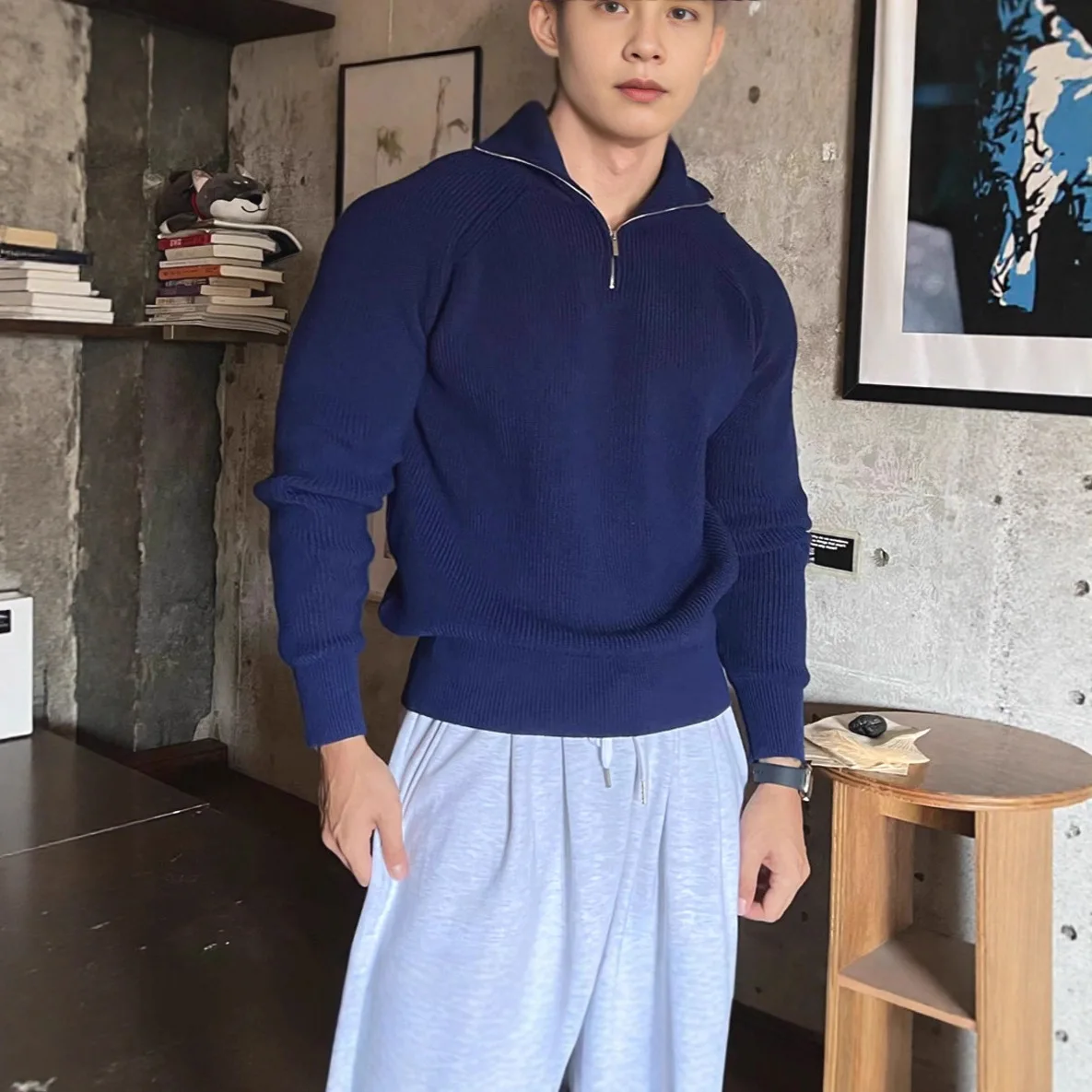 Mock Neck Zip-Up Textured Knit Sweater Men's Hardcore Casual Outerwear