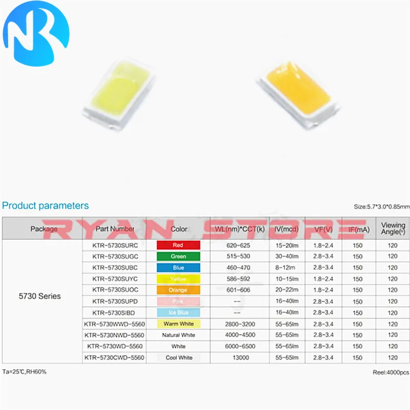 100Pcs SMD LED Diodes 5730 5630 0.2W 0.5W Green Red Warm White Ice Blue Yellow Pink Purple-UV Orange White 6500K 3000K 10000K