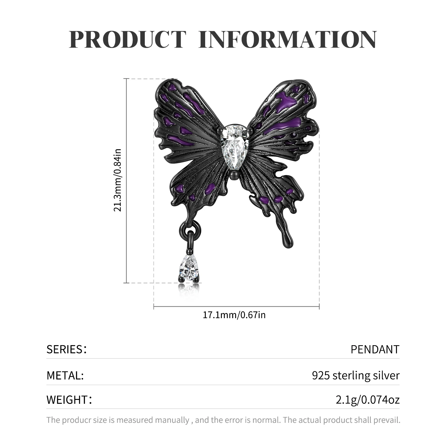 925 Sterling Silver Purple Mark Butterfly Dark Romantic Zircon Pendant Fit for Necklace Mother Sister Girlfriend Birthday Gift