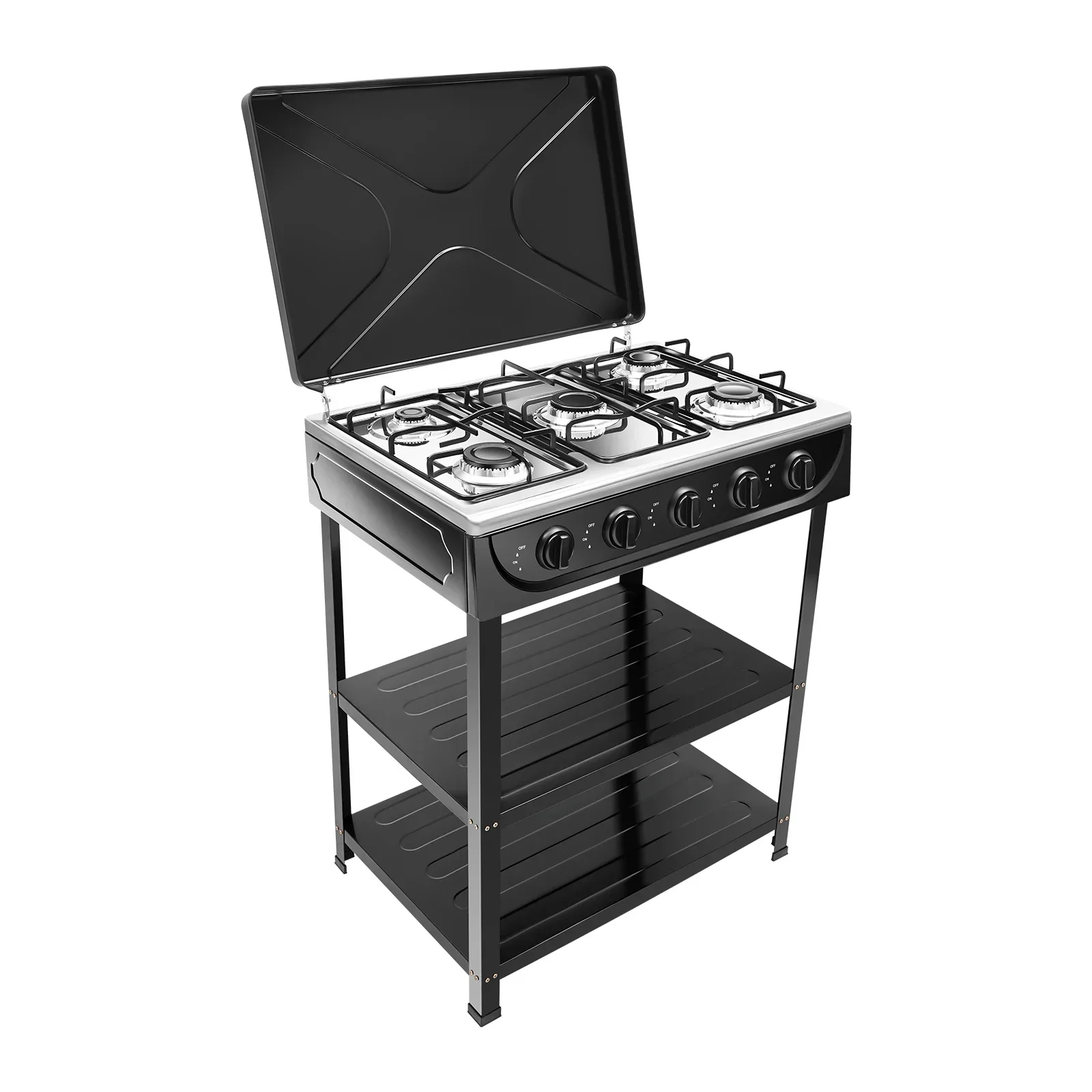 

Outdoor Camping Cooking BBQ Grill 5-Burner Portable Natural Gas Stove With 2-Tier Storage Rack for Outdoor Cooking