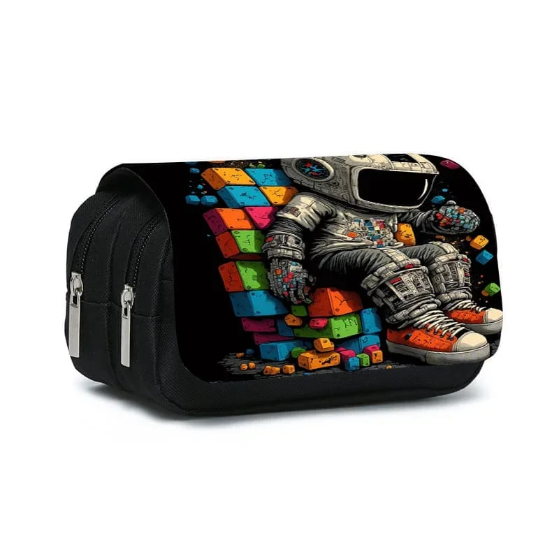 Block Astronaut Weltraum Doppel-Flip-Stiftetui für Jungen und Mädchen Bestes Geschenk 2D Cartoon Federmäppchen Schultasche für Kinder