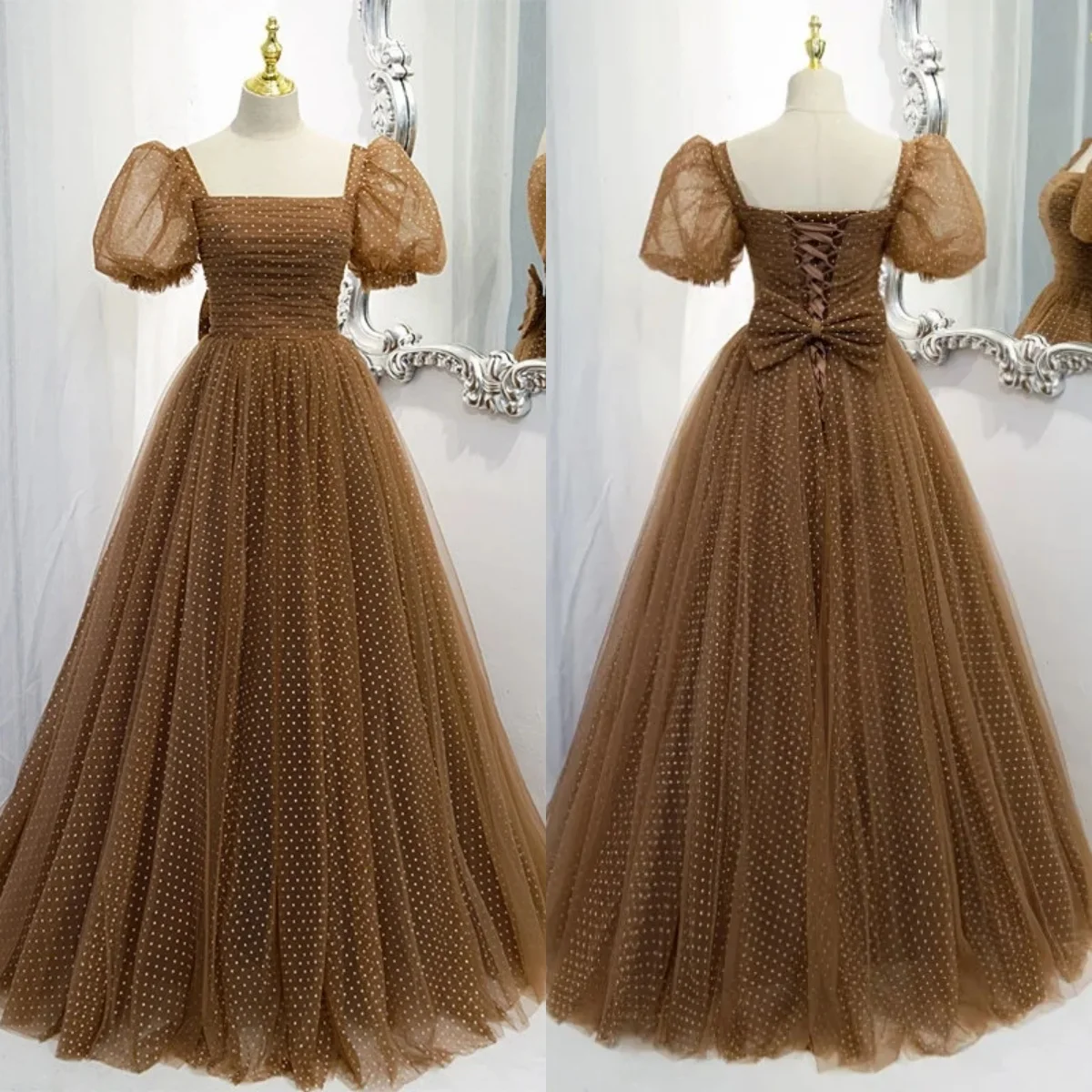 Evening Dresses Brown Tulle Dots Square Collar Short Sleeves Bow Lace Up A-Line Floor Length Plus size Party Formal Party Gown