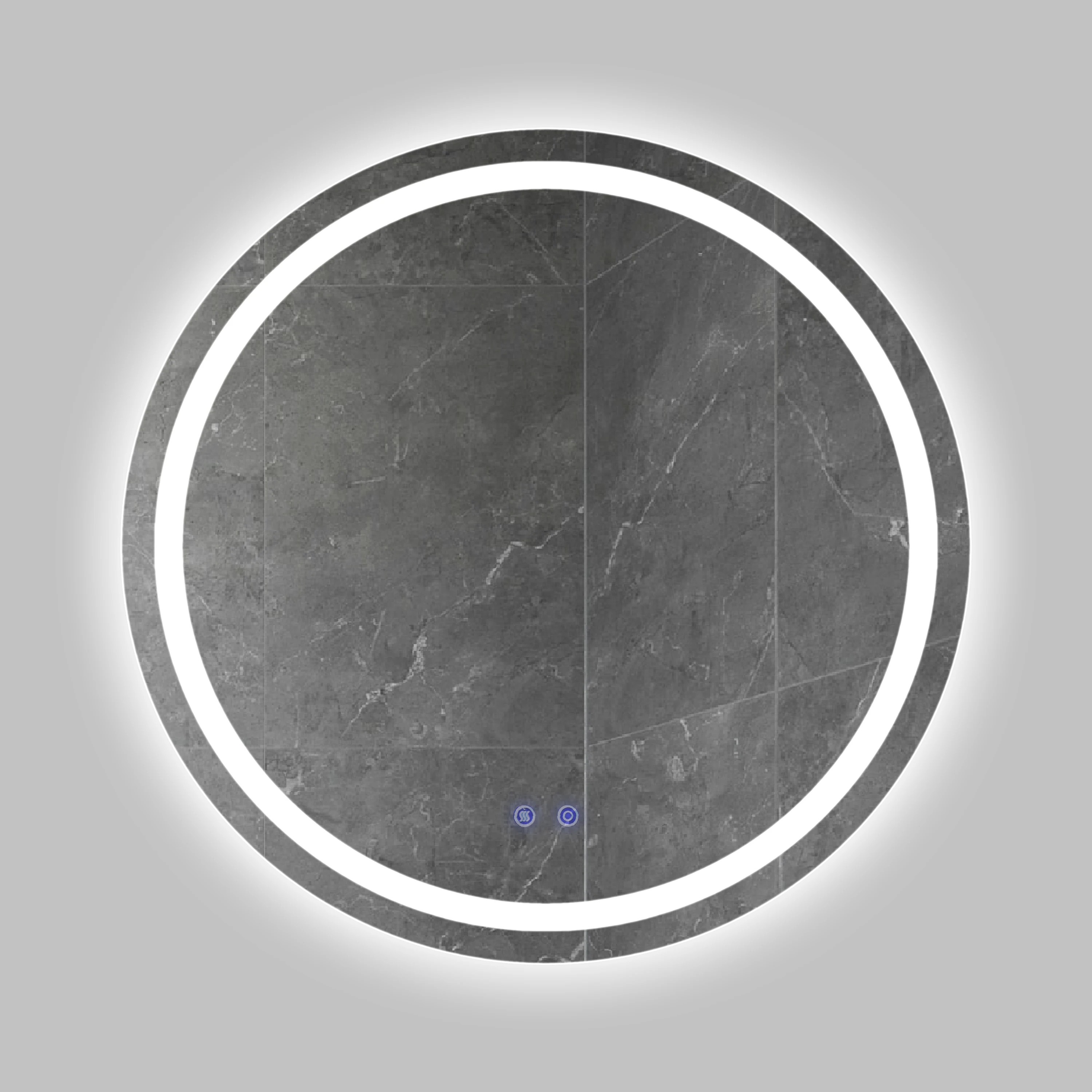 

32 x 32 Inch Round Frameless LED Illuminated Bathroom Mirror, Touch Button Defogger, Metal, Frosted Edges, Silver