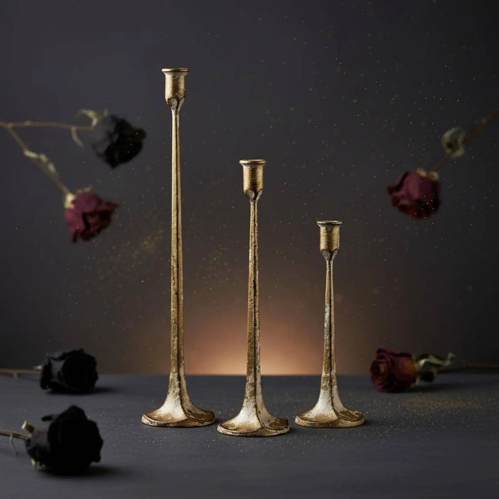 3 Pieces Vintage Medieval Candle Stand Cast Iron Gold Candlestick Holder Tall Metal Candle Holder Decorative for Shop Display