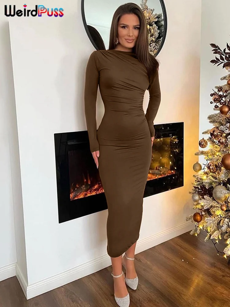 Strano gatto elegante temperamento donna maxi abito manica lunga o collo cerniera solido autunno moda aderente abiti da sera per feste