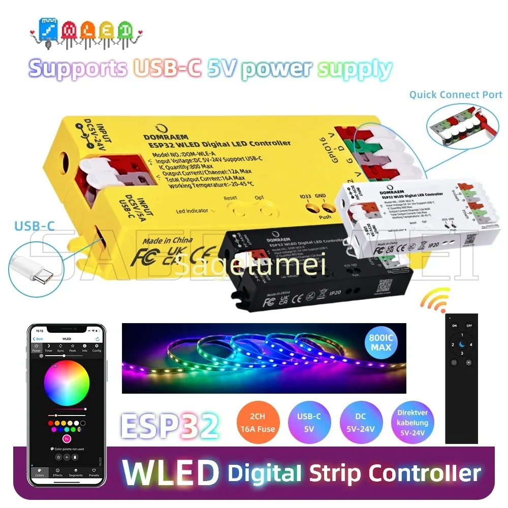 DOMRAEM ESP32 WLED USB-C Addressable LED Controller 0.5W Standby for WS2811/2814/2805 DIY Projects MQTT Alexa SmartHome Control