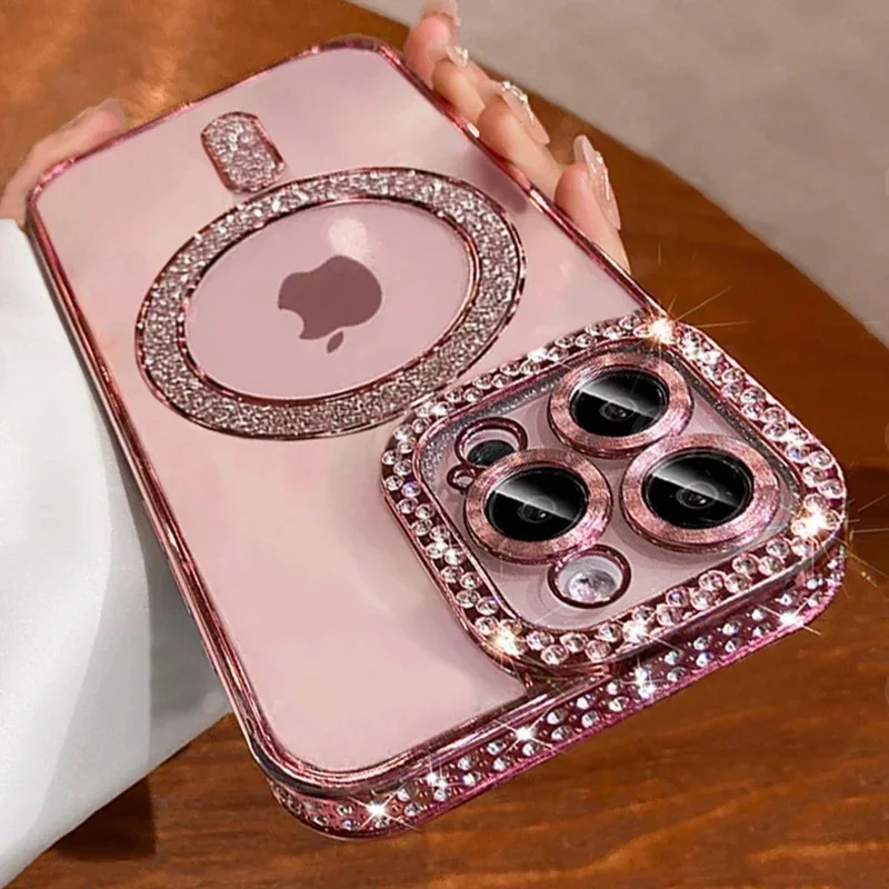 Nueva funda transparente con brillantina y diamantes para iPhone 17 16 15 14 13 11 12 Pro Max con carga inalámbrica magnética