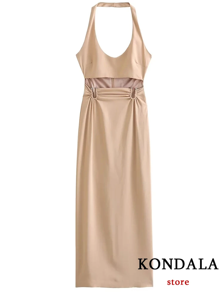 KONDALA Chic Solid Khaki Sexy Hollow Out Women Night Party Dress Fashion 2023 Summer Halter elegante Slim Holiday Long Vestido