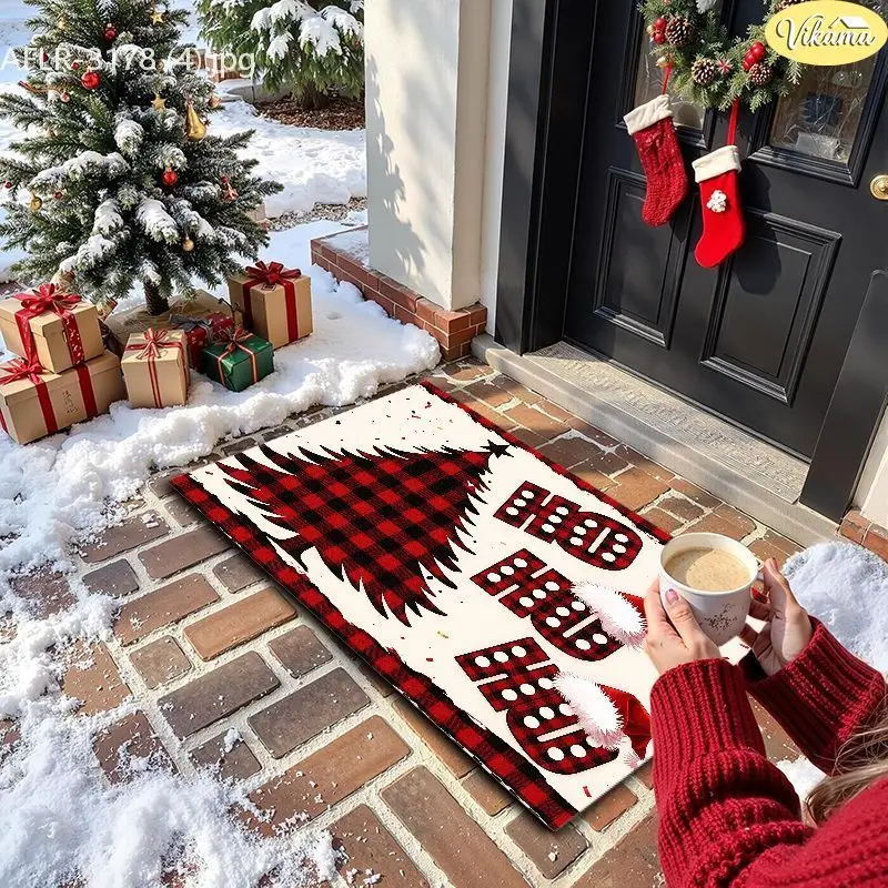 VIKAMA Santa Cocoa Pinecone Entryway Rug Non Slip Low Profile Mats for Outside Front Door Xmas Winter Holiday Decor Soft