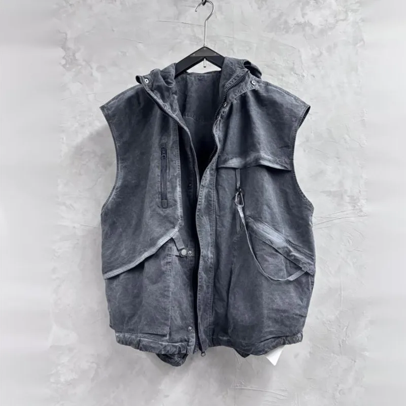HKSH Spring Autumn New Men Tide Chic Ins Waste Land Style Vintage Washed Asymmetrical Cut Jacket Trendy Hooded Waistcoat HK28121