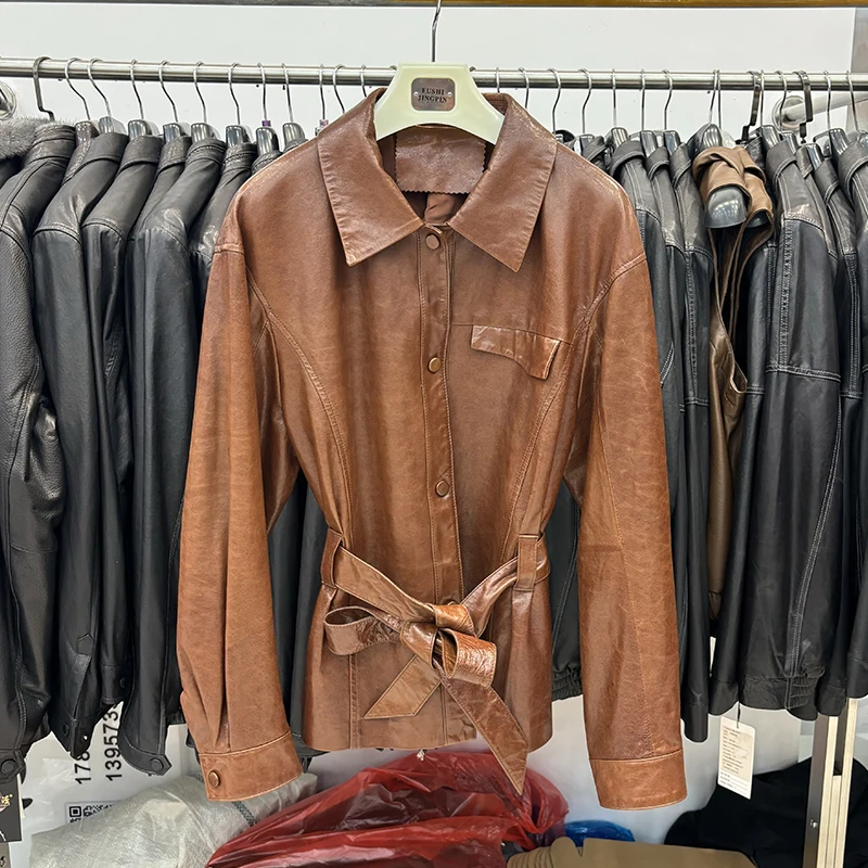 2026 Women's Office Lady Real Sheepskin Leather Windbreaker Female Genuine Leather Black Slim Belt Long Suit Jacket Coat