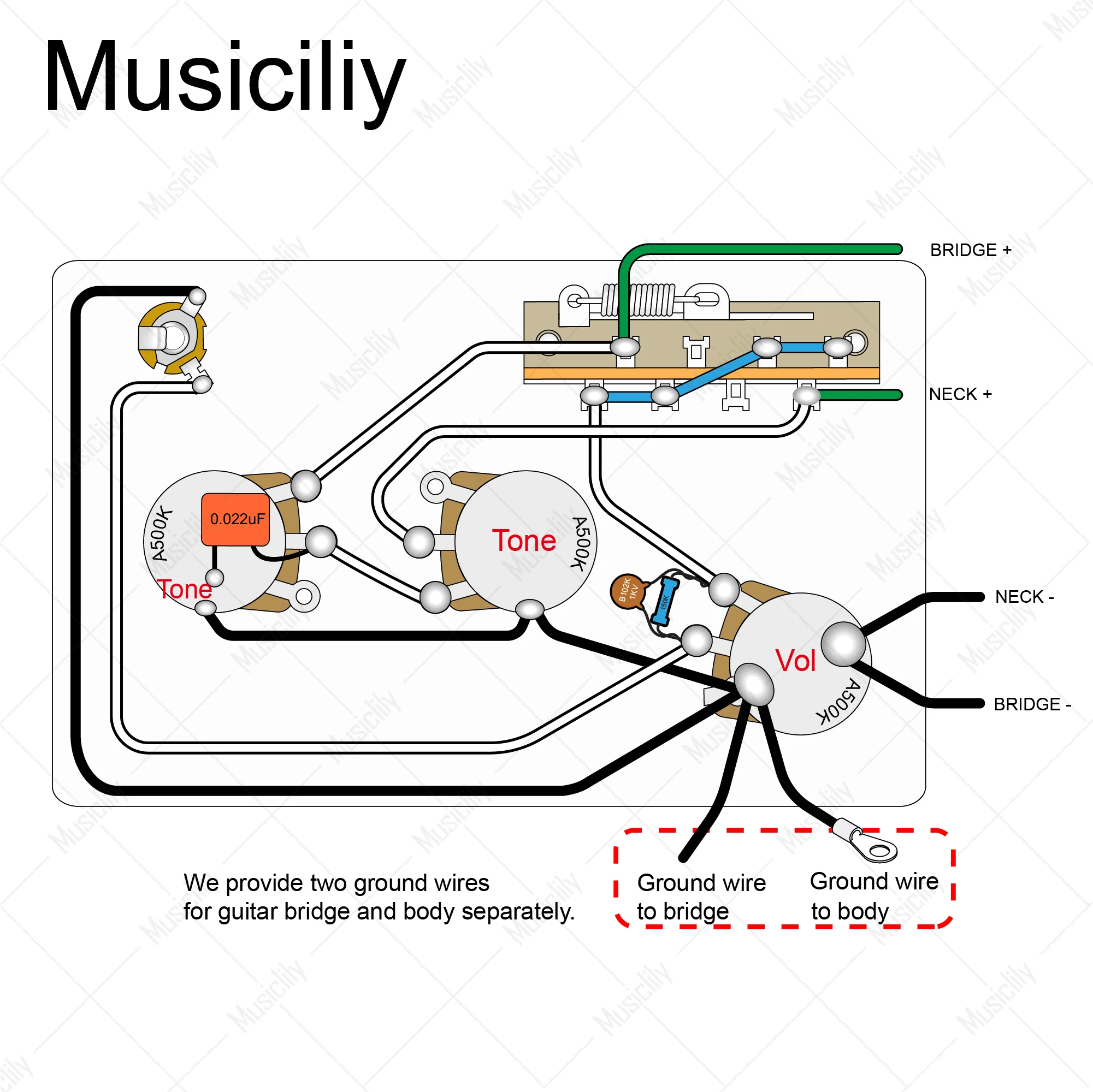 Musiclily Pro Guitar Pre-wired Wiring Harness Upgrade for Import/American ST HH with 3-Way Switch and 1A1B/3A Pots, Nickel Jack