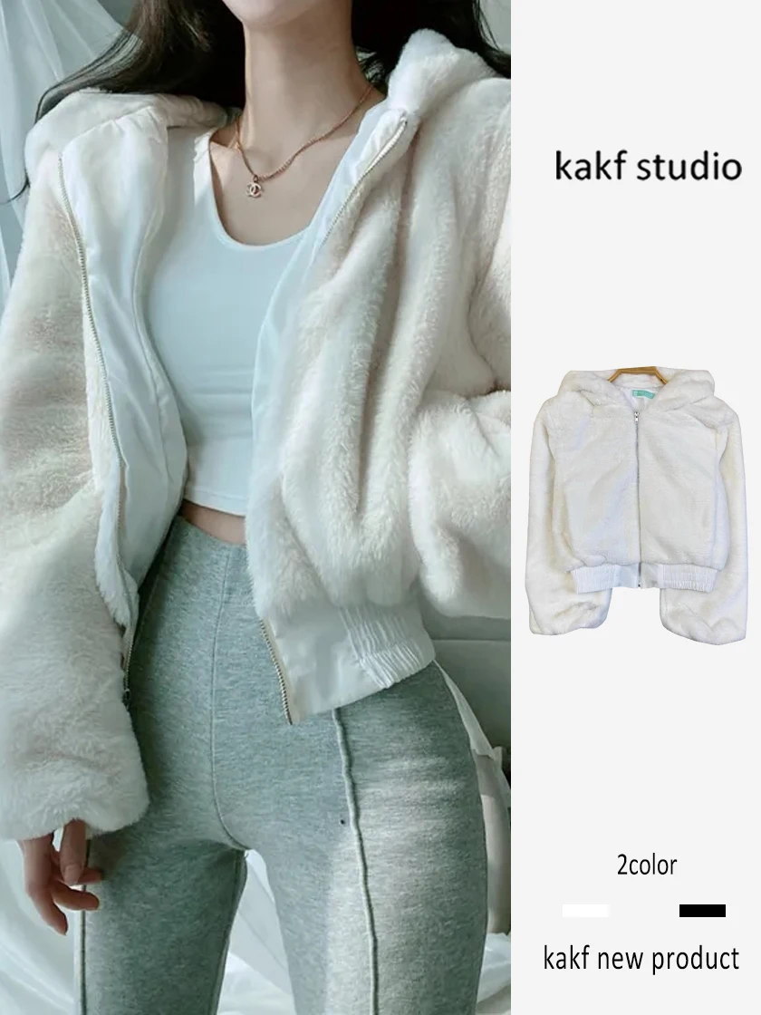 

White Lamb Fur Hooded ort Jaet Women's Autumn Winter High-End Slimming Small Size Cotton Clothes Commute Sle Zipper Clo...