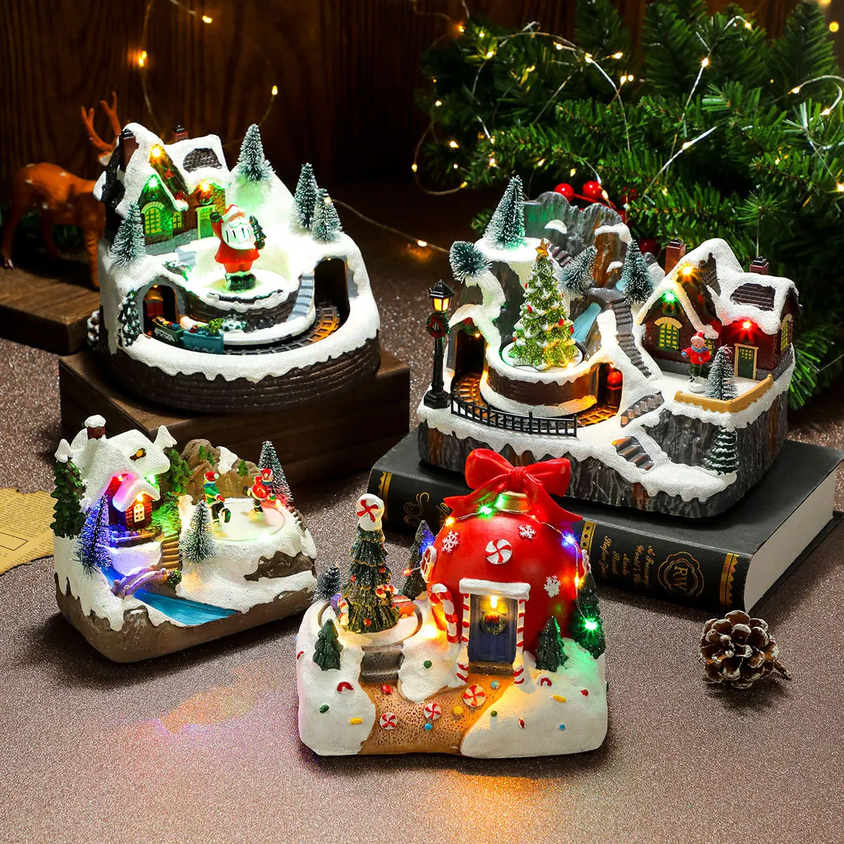 

Christmas rotating resin light-emitting music box ornament small train home decorations Christmas gifts