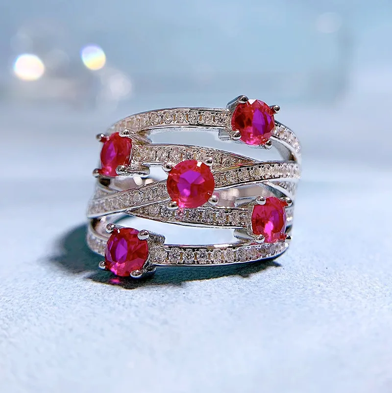 KQDANCE 925 Sterling Silver Line Cross Emerald Cut Create Ruby Diamond Rings With Red Gem Stones Wedding Jewelry for Women 2022