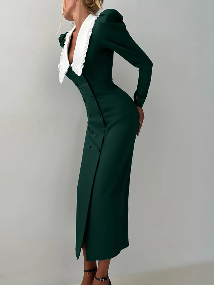 

2026 New Lady Spring Peter Pan Collar High Waist Party Dress Elegant Slim Fit Solid Color A-line Dress Office Casual Long Dress