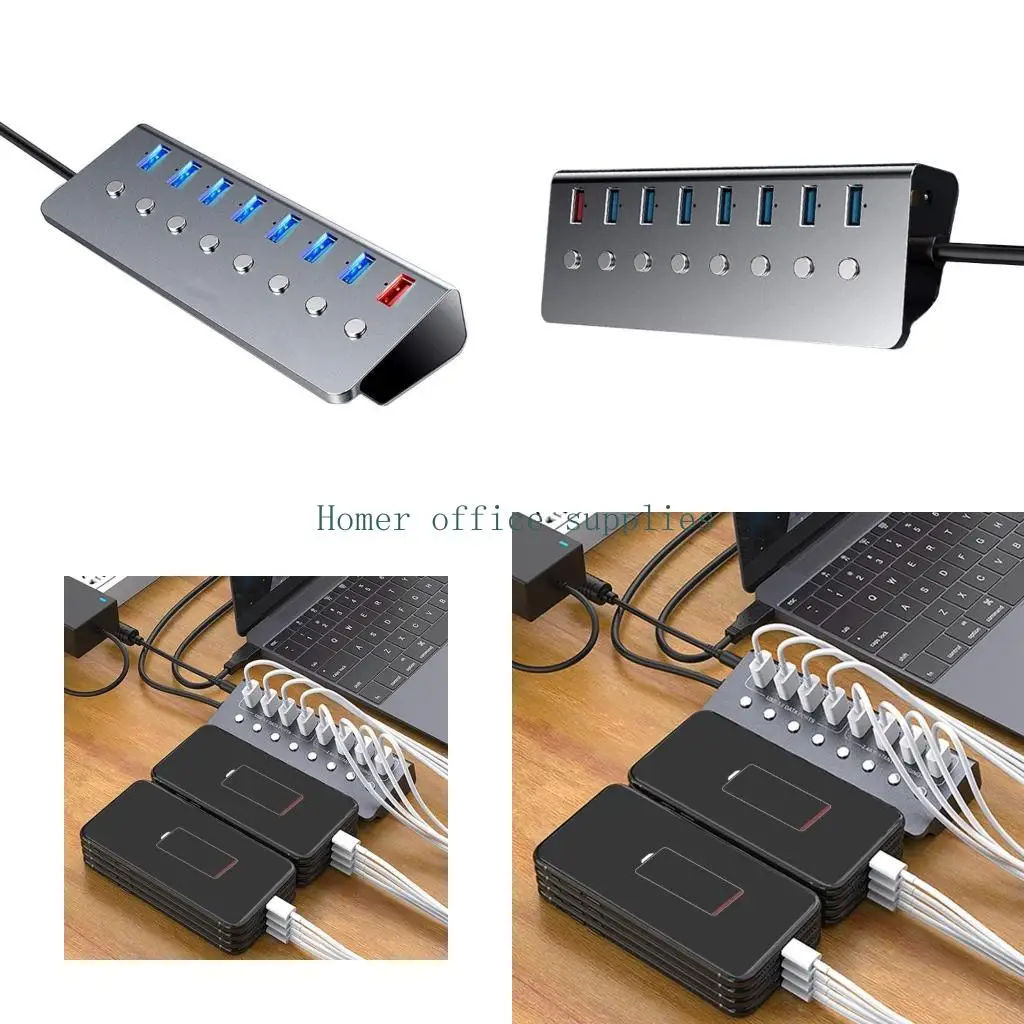 

K43B 7 Ports USB HUB+1 Charging Port, USB Extension with Switches 15W Adapter Support Splitter Computer Accessories