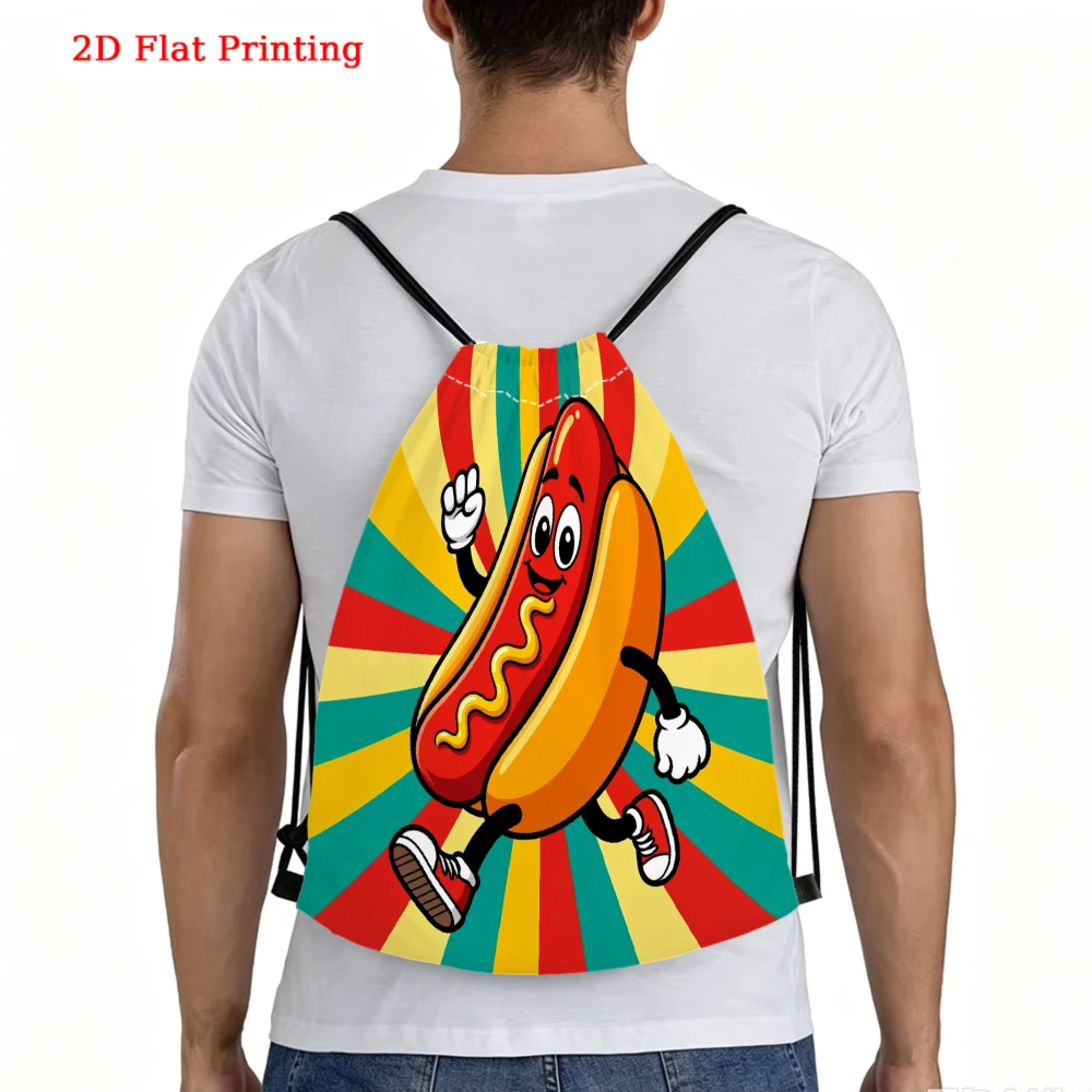 Cute Cartoon Style, Drawstring Backpack, Funny Hot Dog Character Print, Fitness Sports Bag, Outdoor Travel Drawstring Bag