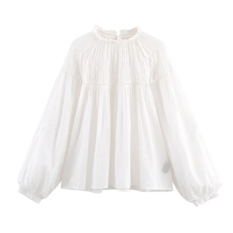 

Spring Women Smocked Romantic Shirt with Embroidery Casual O Neck Button Women's Tops Simple Lady Chic Shirts & Blouses