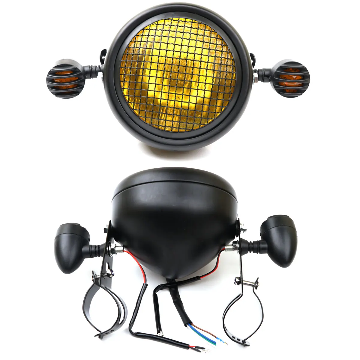 Universal 5.75'' Motorcycle Headlight Retro Round Mesh Grill Lampshade Moto Scooter Vintage Front Light Round Lamp Motorbike