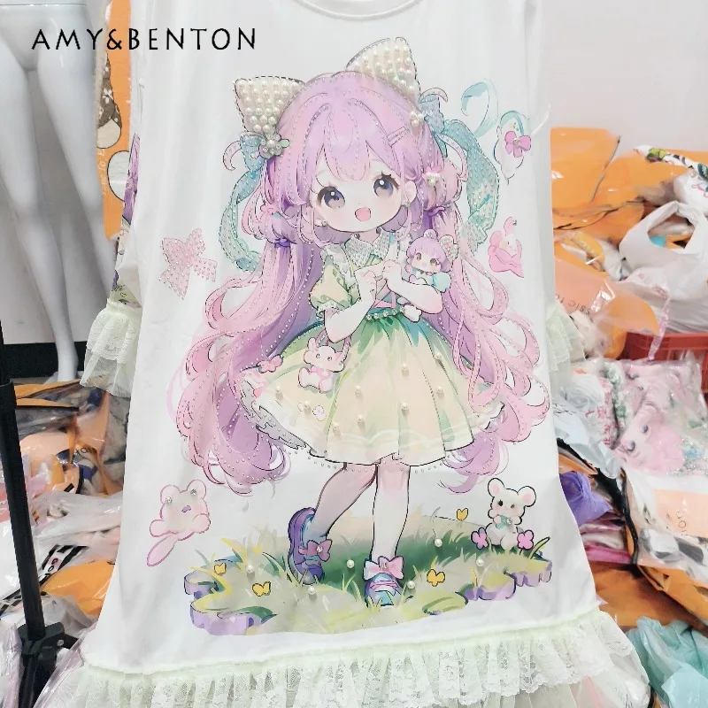 

Summer New Heavy Industry Beads Diamond Drills Tees Cartoon Girl Cool Streetwear Crew Neck T-shirt Sweet Loose Lace Sleeved Top