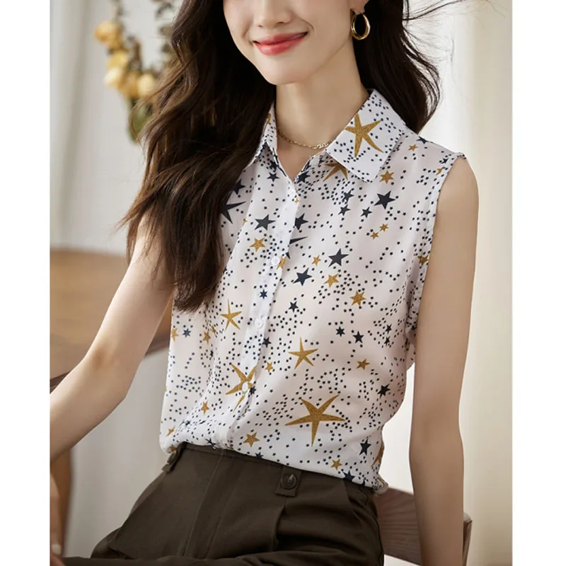 Women's 2024 New Summer Printed Turn-down Collar Button Fashion Simplicity Casual Loose Sleeveless Versatile Chiffon Tops