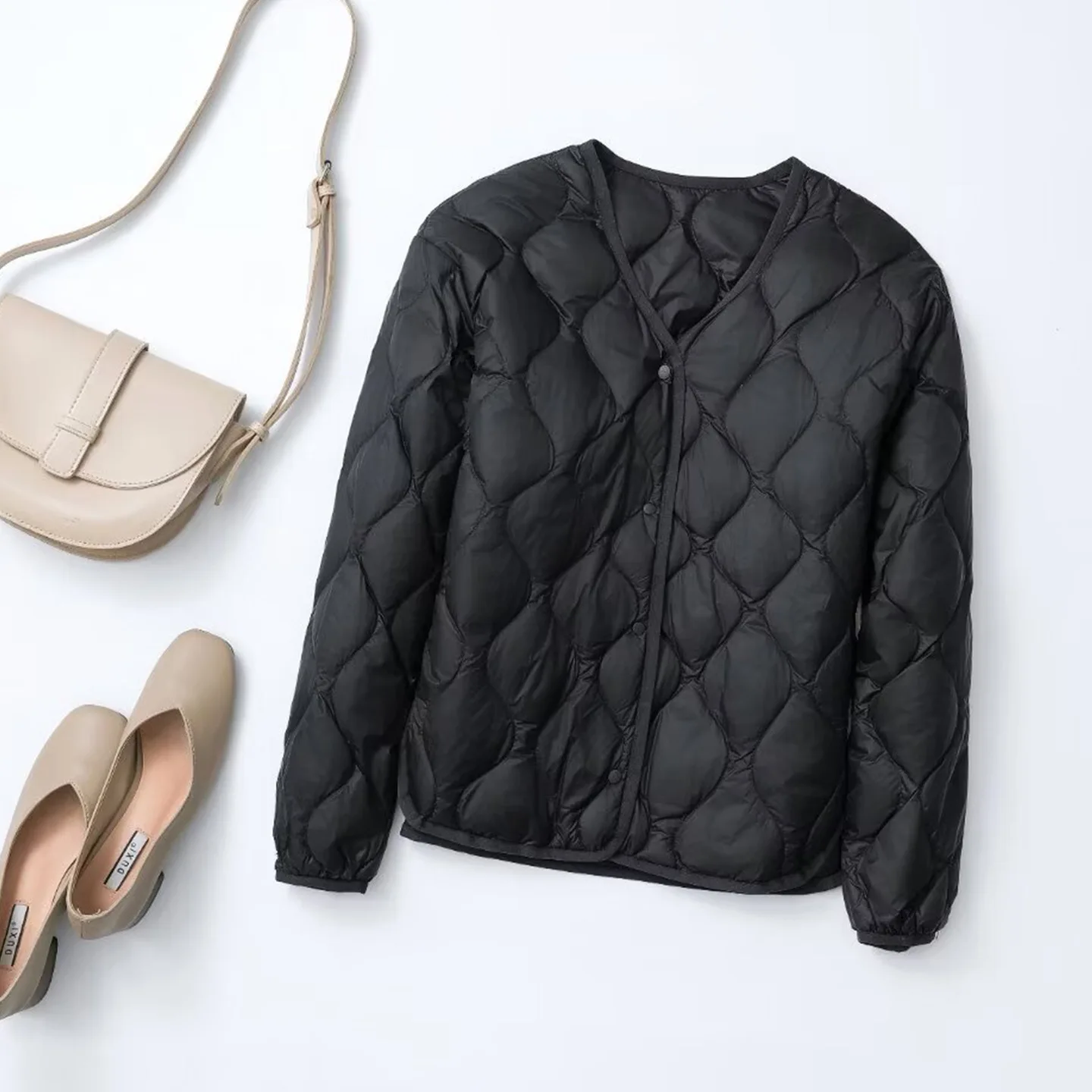 Women Short Lightweight White Duck Down Jacket Winter Diamond Quilted Collarless Down Inner Wear Casual Down Puffer Coat JK-455