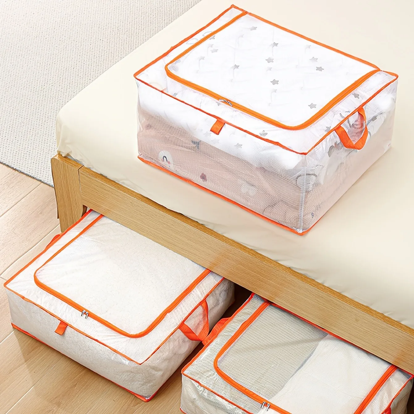 1/4PCSClear Foldable Storage Bag Durable Zipper Flap Closure For Clothes Bedding Blankets Pillows Under Bed Dorm Wardrobe Closet