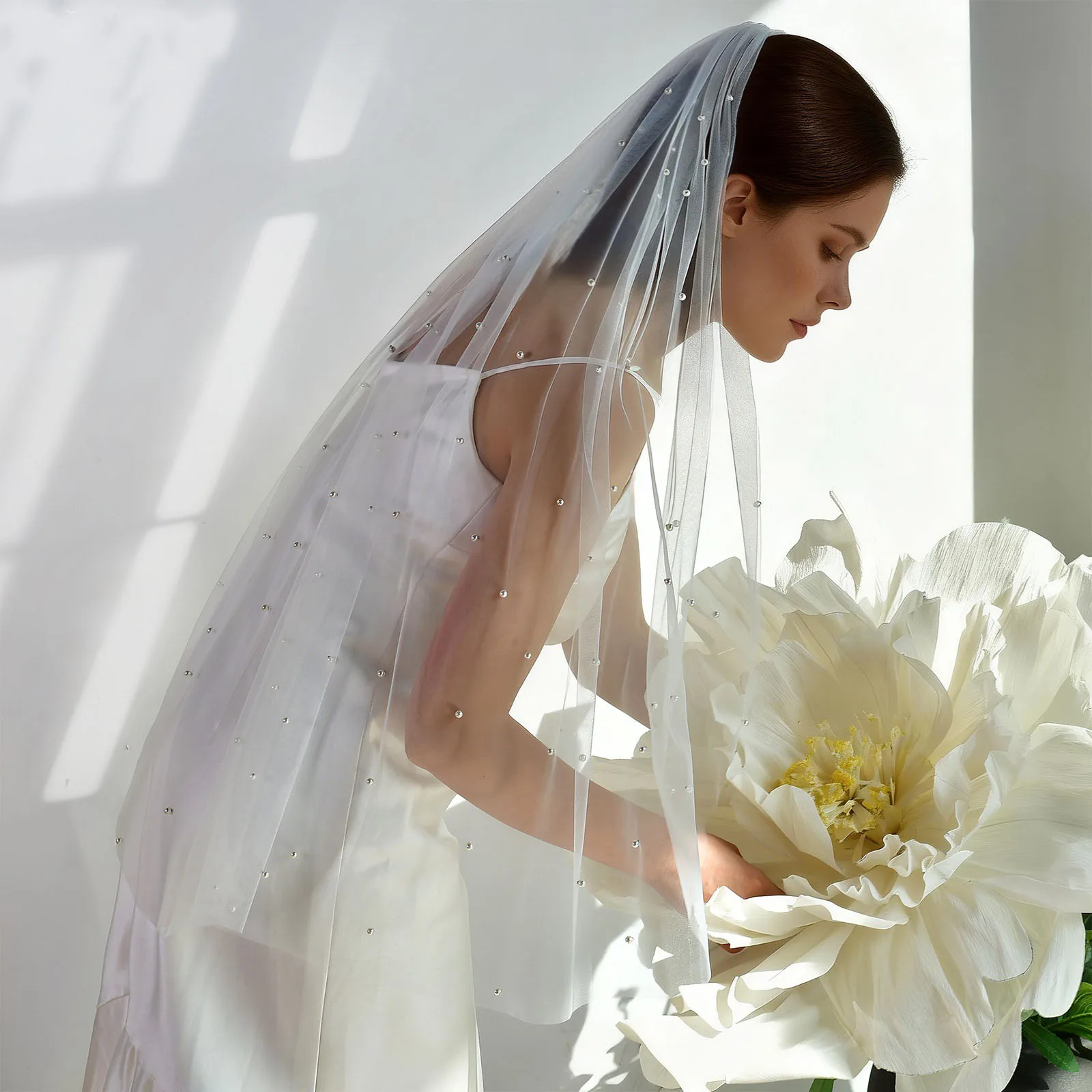 Elegant 100CM Women Pearl Beaded Wedding Veil Fingertip Length Bridal Veil One Layer Marriage Accessories