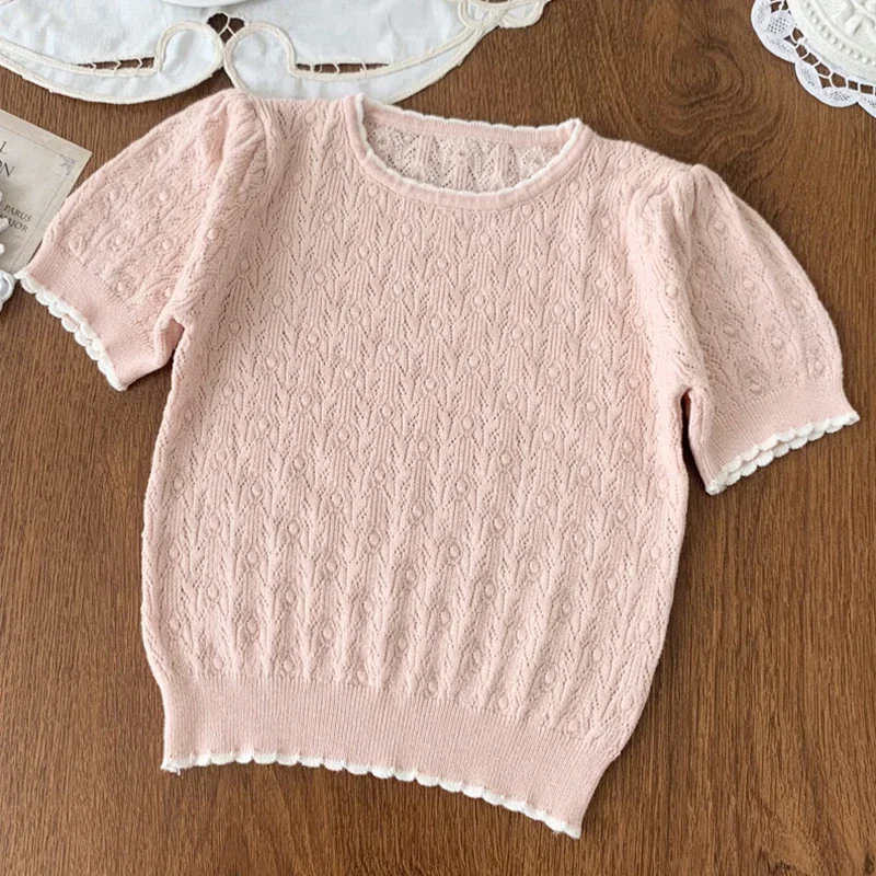 Summer Baby Girls Thin Knitted Sweaters Hollow Out Pullover Short Sleeve Toddlers Children Pullovers Tops Sweater Korean Style